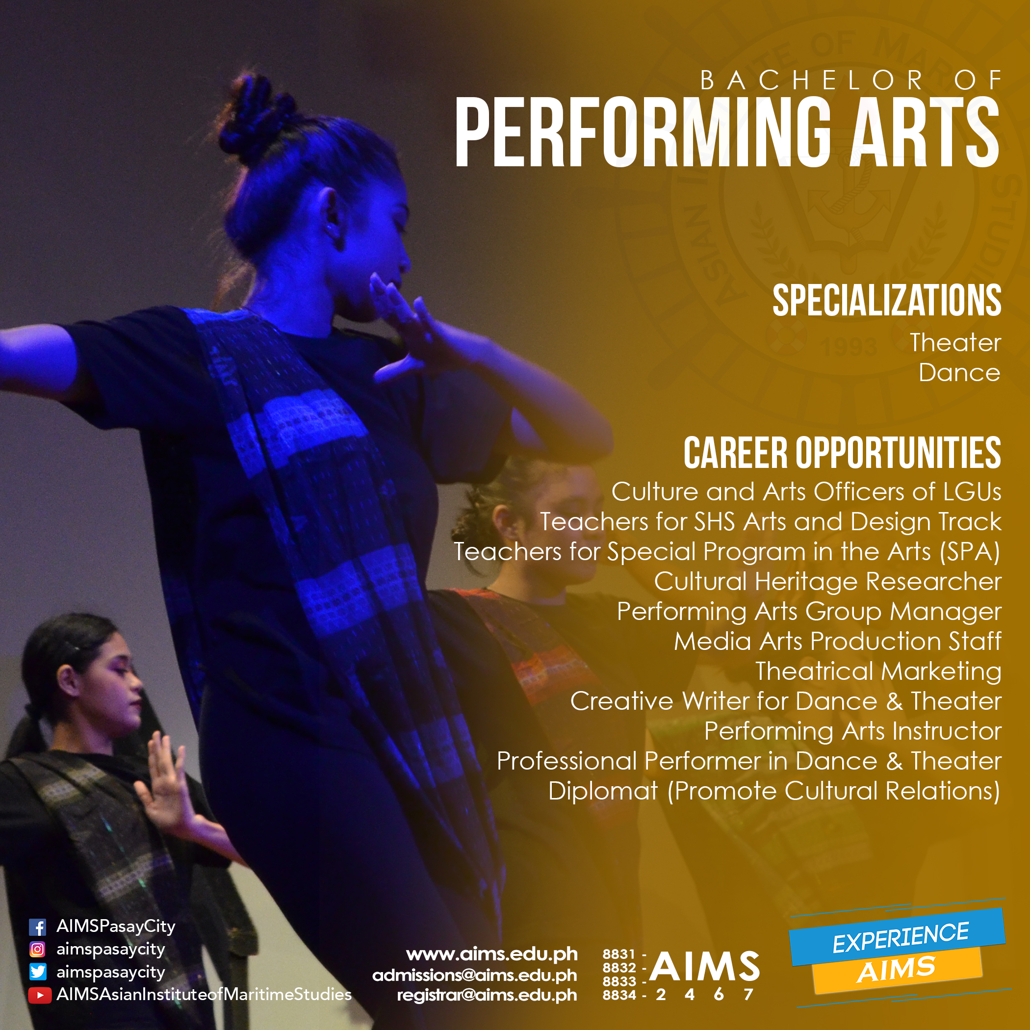 Bachelor of Performing Arts<br>
Track:   Dance or Theater 